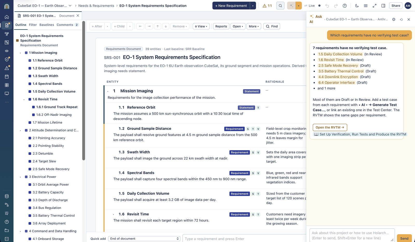 Ask AI panel beside the EO-1 requirements document, answering which requirements have no verifying test case with linked requirements, a button to open the RVTM and a link to the Help how-to