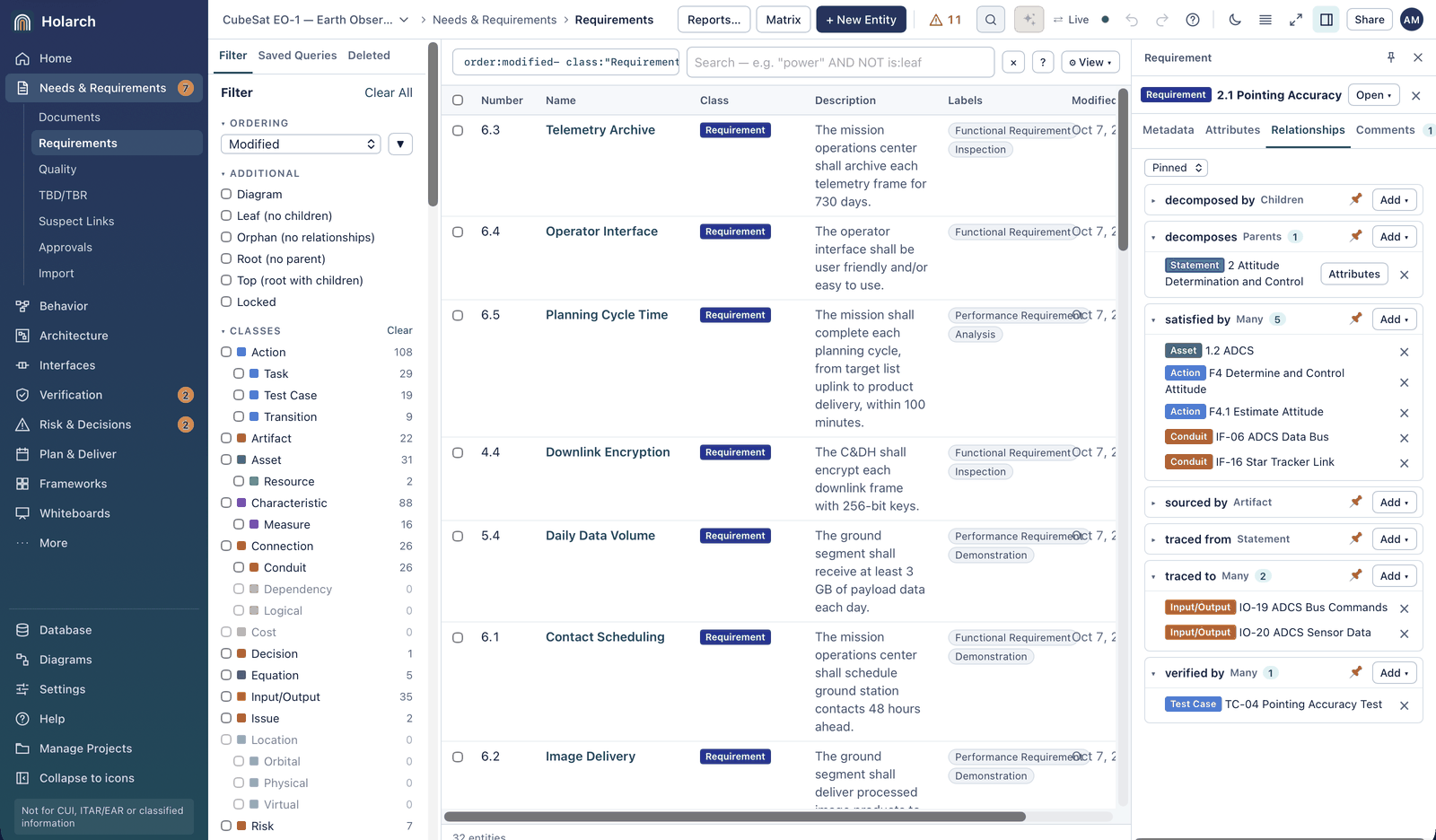 Database view of the EO-1 requirements with requirement 2.1 Pointing Accuracy in the inspector: its typed relationships decomposes, satisfied by (ADCS, two actions and two conduits), traced to two Input/Output items and verified by a test case