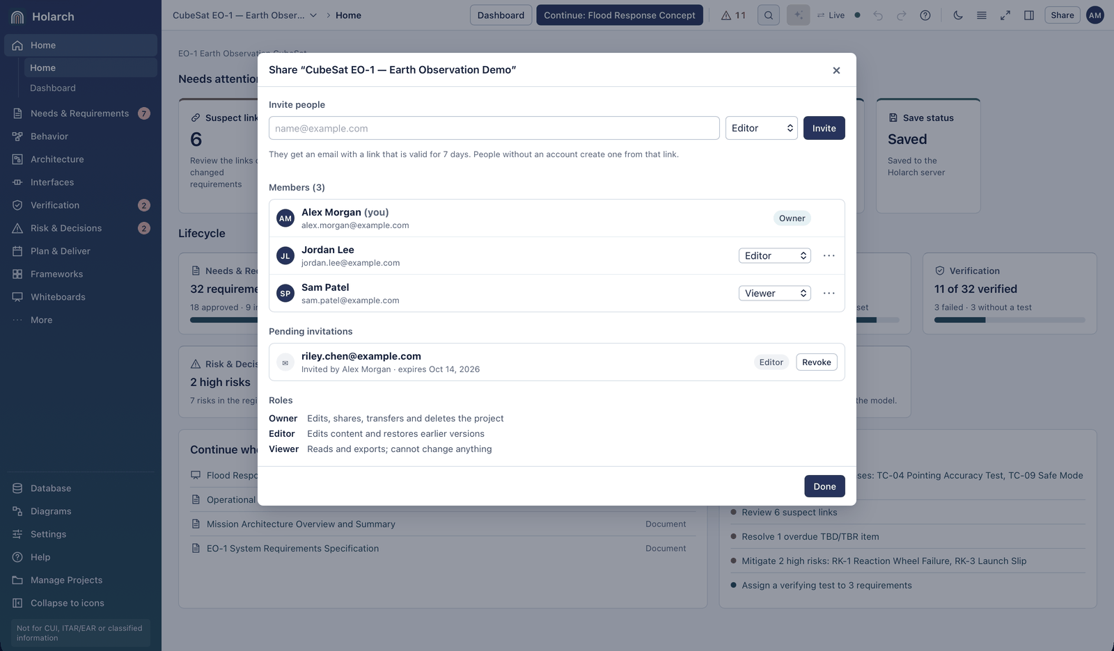 Share dialog listing the project owner, an editor and a viewer, a pending invitation, and the description of each role